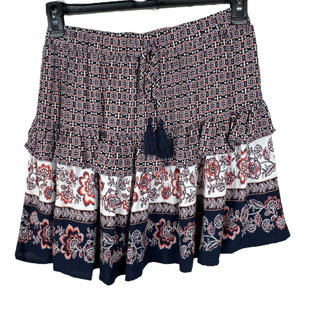 Blue Rain Medium Mini Skirt Floral Tasseled Tiered Elastic Waist Pull-On Multi